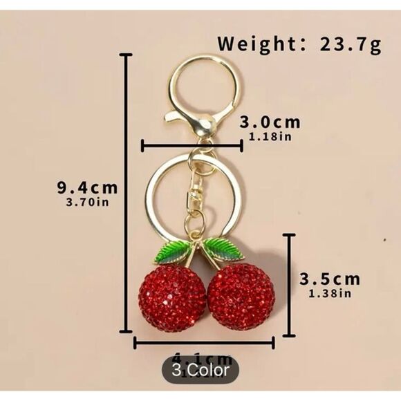 Red Cherry Rhinestone Keychain Sparkle Pendant Bag Charm Cute Accessory - Picture 4 of 5
